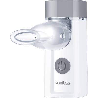 Een draagbare inhalator in wit en zilver. Het mondstuk en de aan/uit-schakelaar zijn zichtbaar. Merknaam 'Sanitas' op het apparaat.