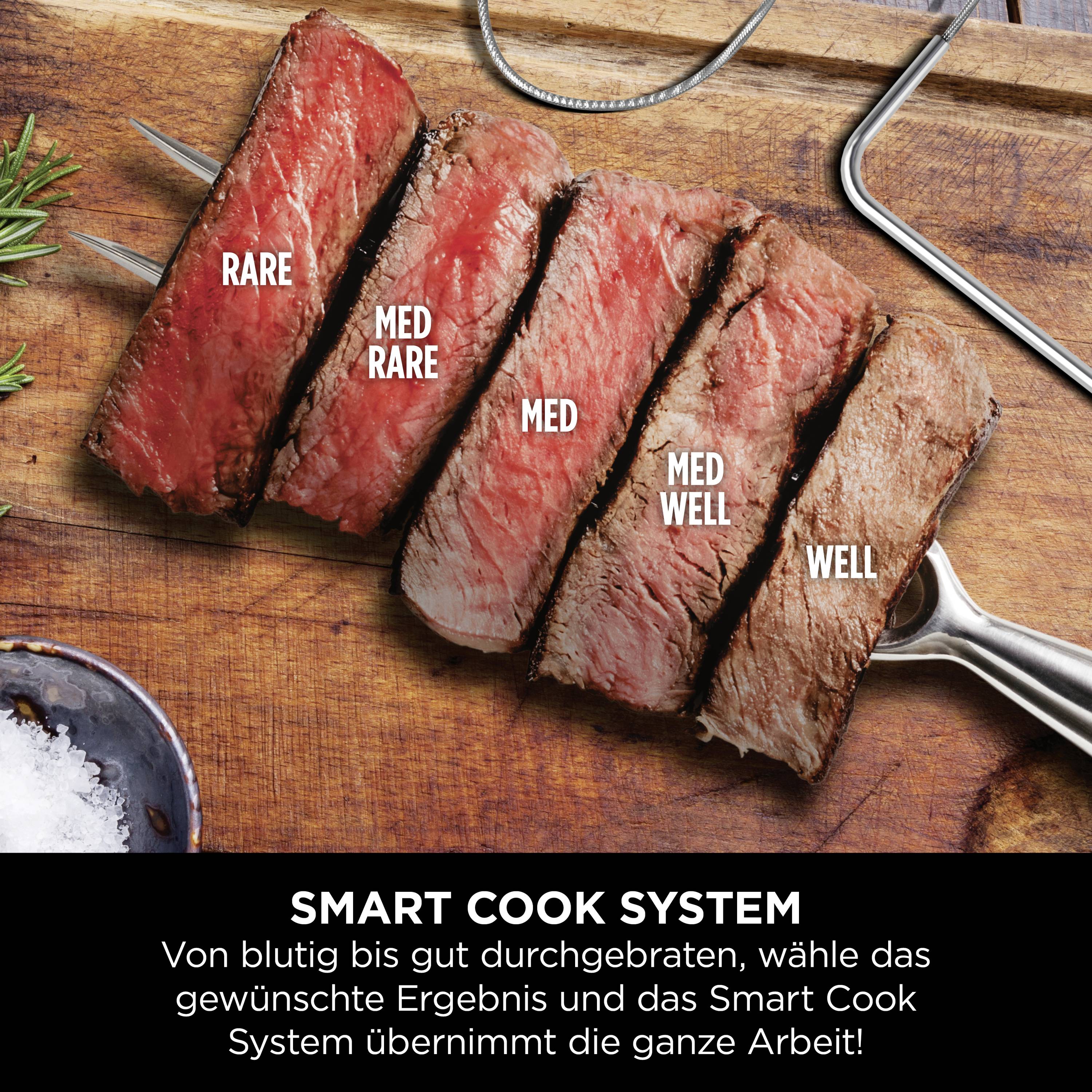 Een houten plank met gesneden rundvlees in verschillende gaargraden: Rare, Medium Rare, Medium, Medium Well, Well. Tekst: 'Smart Cook Systeem' en korte uitleg.