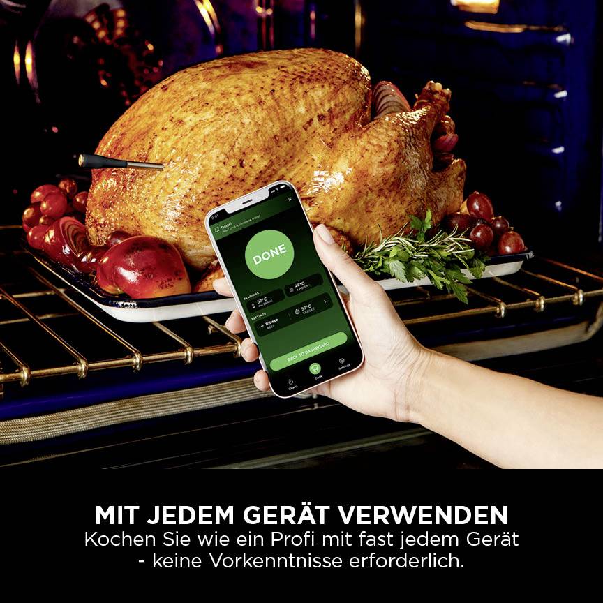 Een gebraden kalkoen in de oven, naast een smartphone met app-scherm 'Klaar'. Tekst: 'Te gebruiken met elk apparaat. Geen voorkennis vereist.'