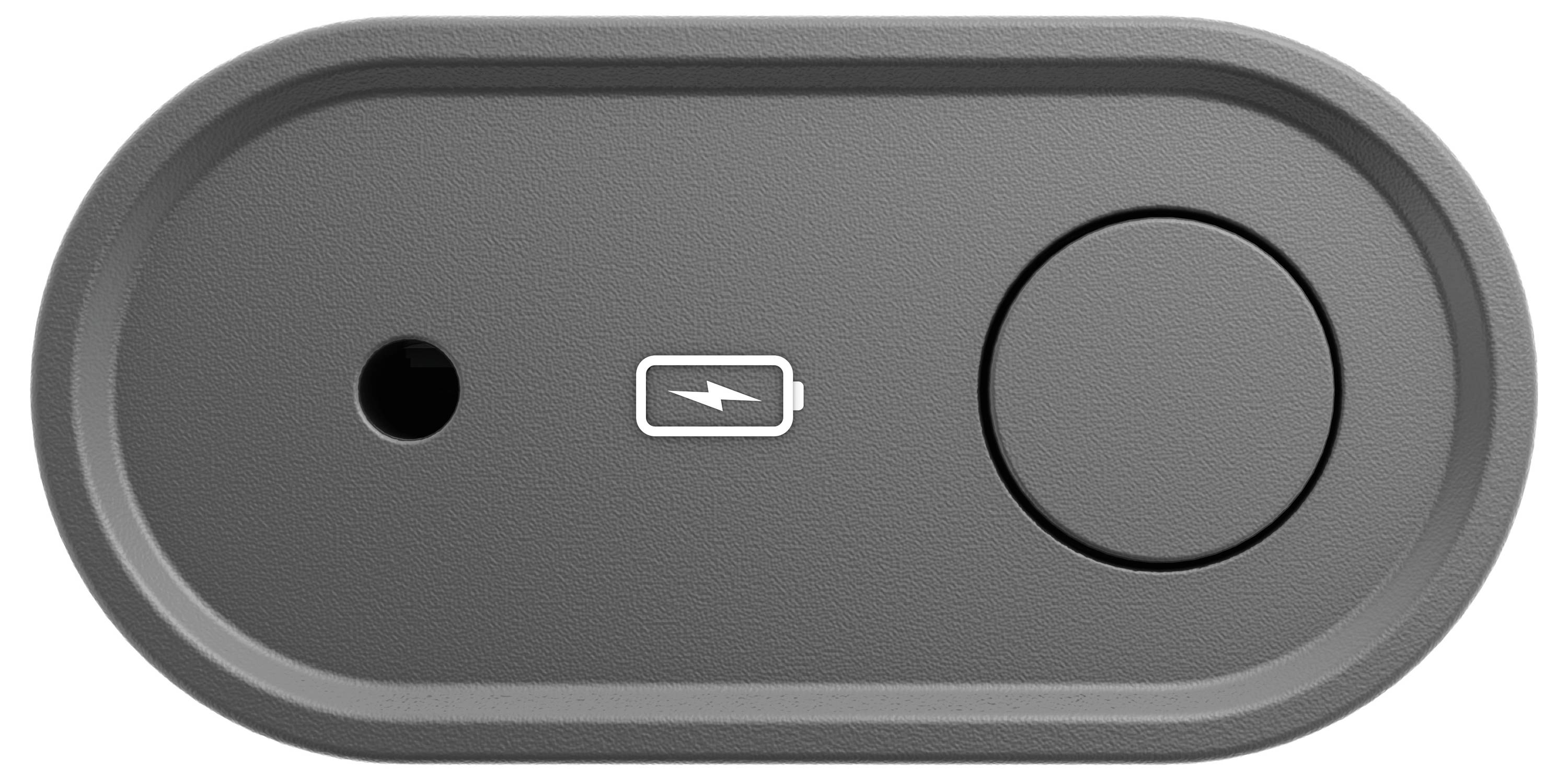 Laadaansluiting met batterijsymbool en LED-indicator op een grijze behuizing.