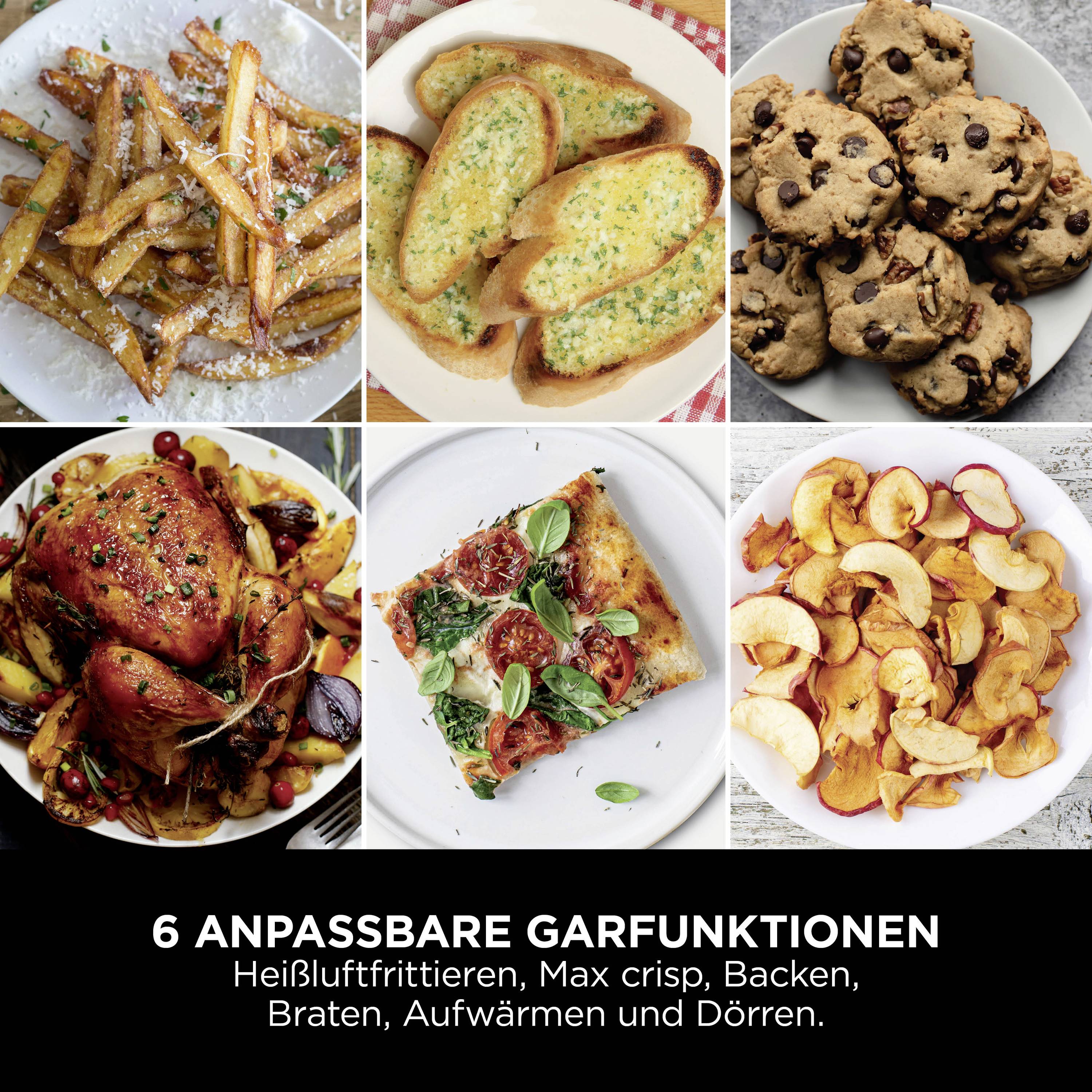 Zes gerechten met verschillende bereidingsfuncties: Friet, knoflookbrood, koekjes, geroosterde kip, pizza en gedroogd fruit.