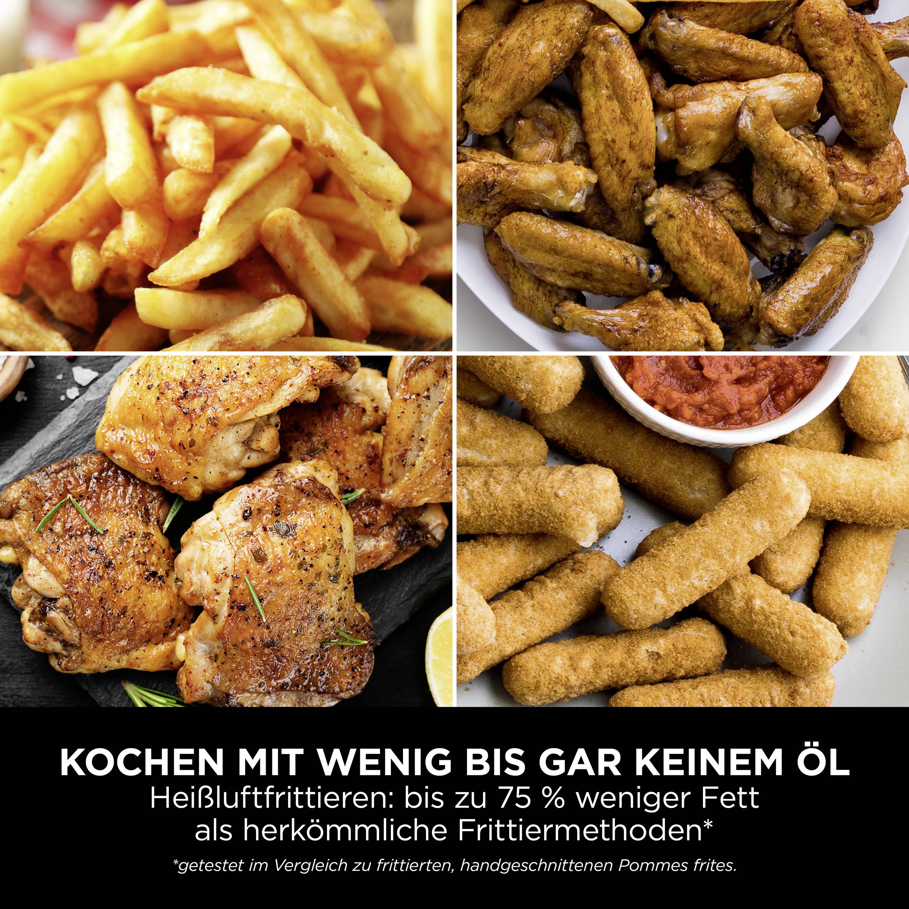 Patat, gefrituurde kippenvleugels en -poten. Tekst onderaan: 'Koken met weinig tot geen olie'. Productaanduiding eronder.