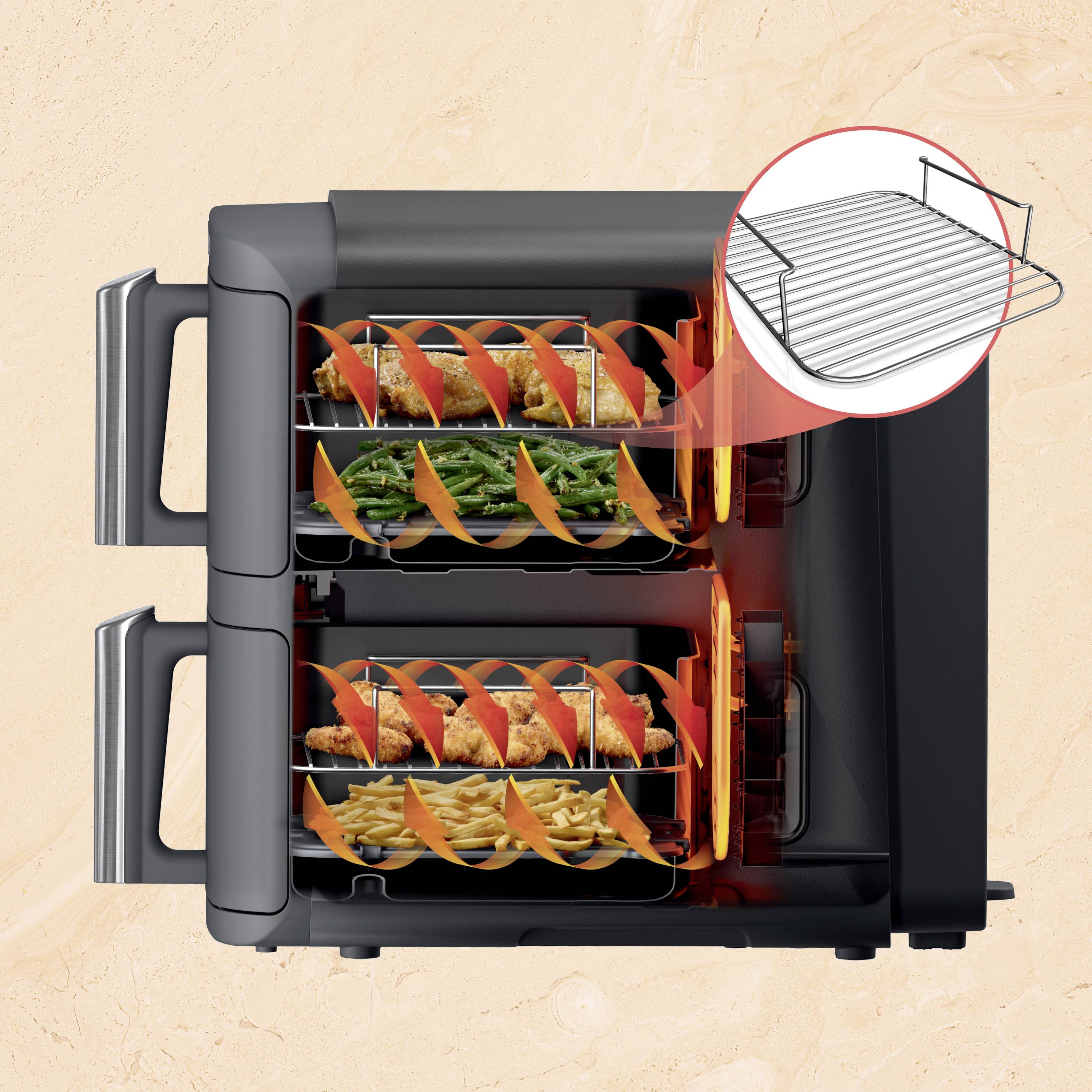 Een oven toont twee niveaus met circulerende hete lucht, waarop friet en groenten worden bereid. Een rooster wordt benadrukt.