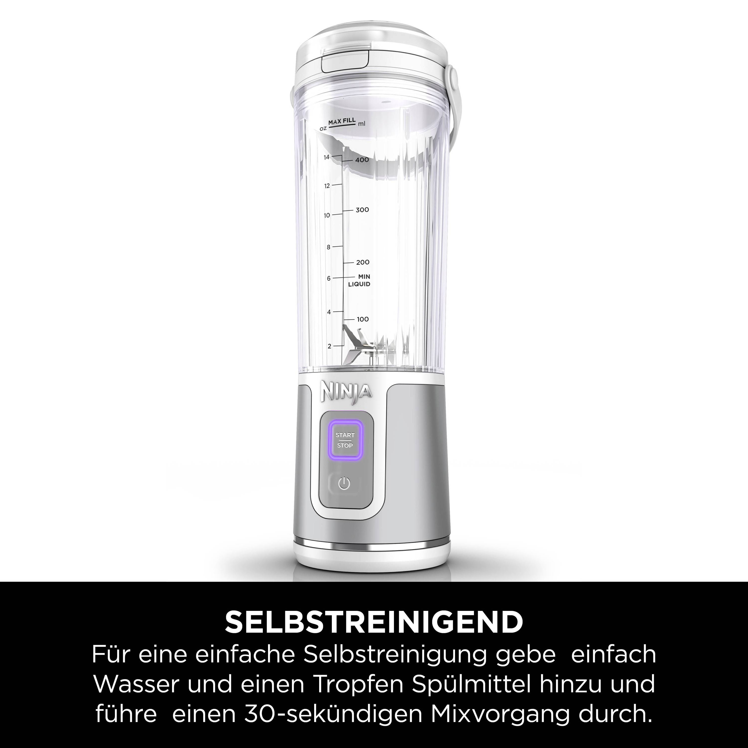 Een witte blender met een zelfreinigingsfunctie. Onderaan staat: 'Voeg water en afwasmiddel toe voor een eenvoudige zelfreiniging.'