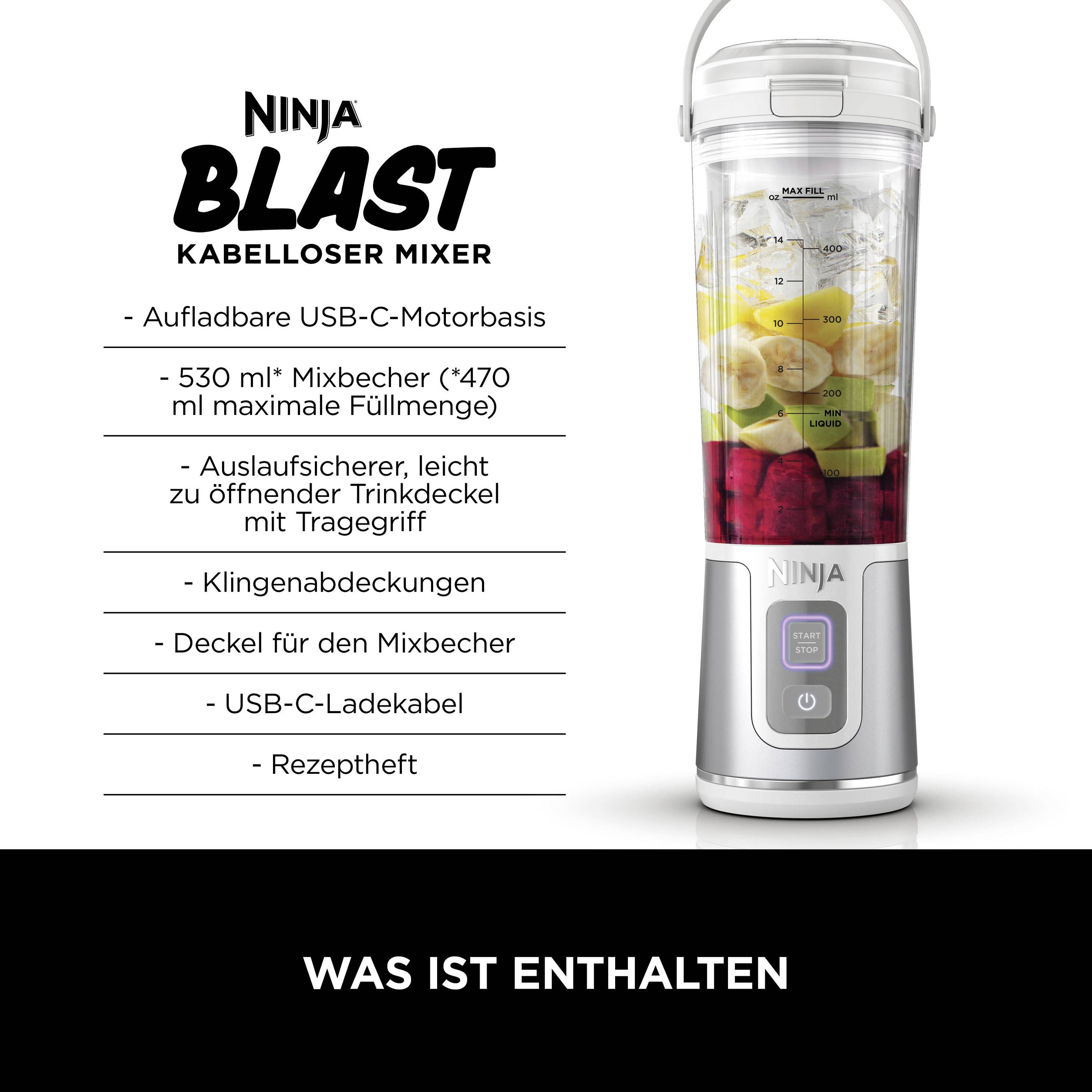 Een draagbare blender met ingrediënten in de beker. Specificaties: USB-C-motorbasis, 530 ml capaciteit, lekvrij deksel. Inhoud: blender, deksel, kabel.