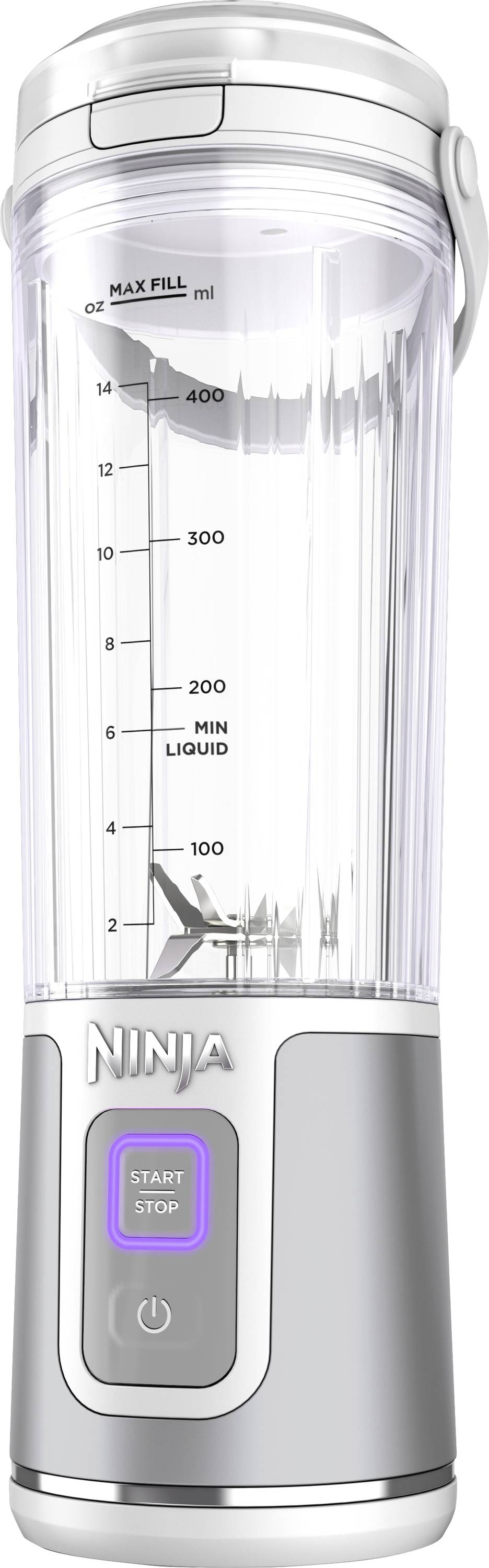 Zilveren mengbeker met maatvoering tot 400 ml, blendermessen aan de binnenkant, bedieningspaneel met 'Start/Stop'-knop onderaan het apparaat.