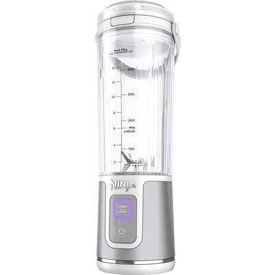 Zilveren mengbeker met maatvoering tot 400 ml, blendermessen aan de binnenkant, bedieningspaneel met 'Start/Stop'-knop onderaan het apparaat.