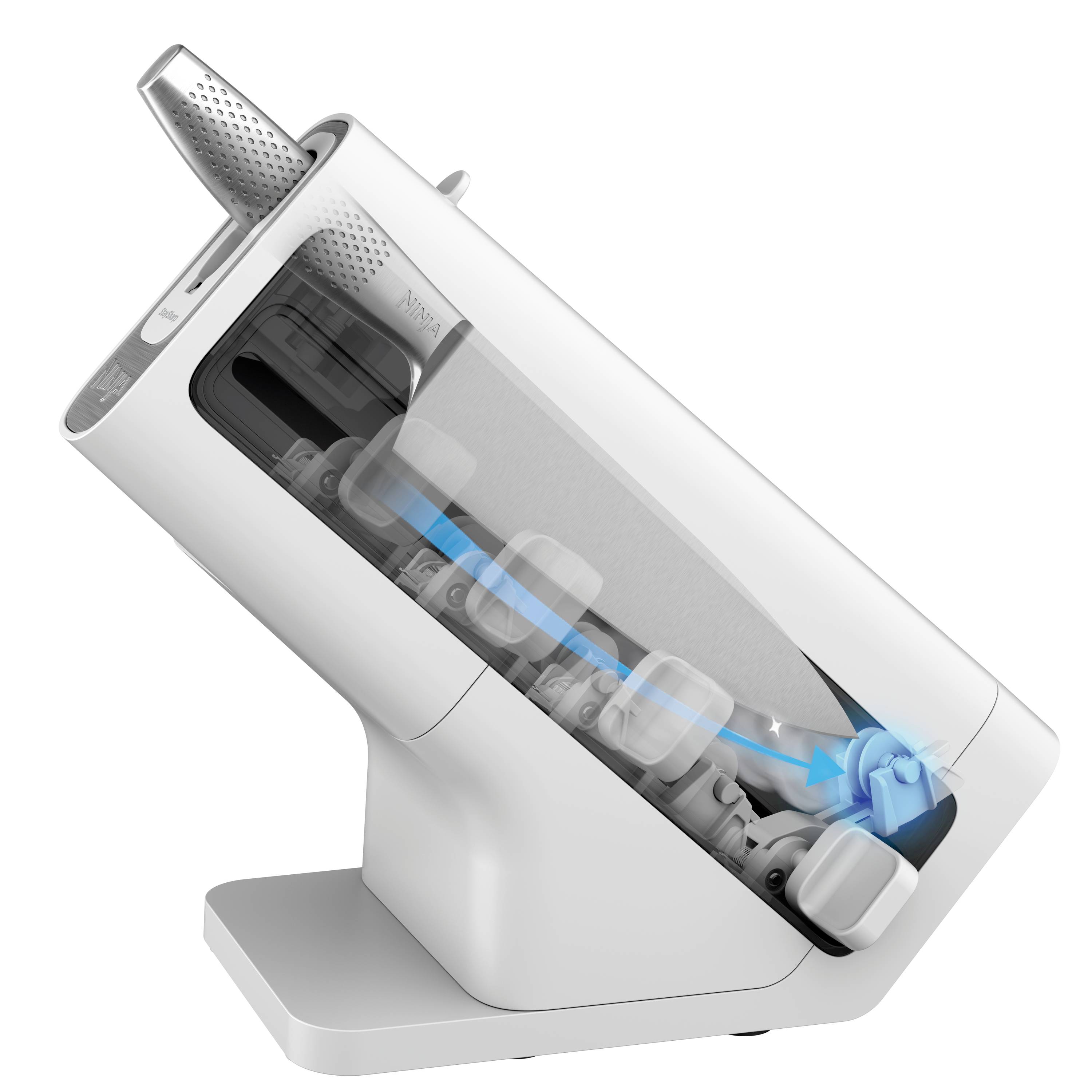 Een witte mixer op een standaard kantelt naar voren, toont een rij kleine, transparante containers met een blauwe pijl.