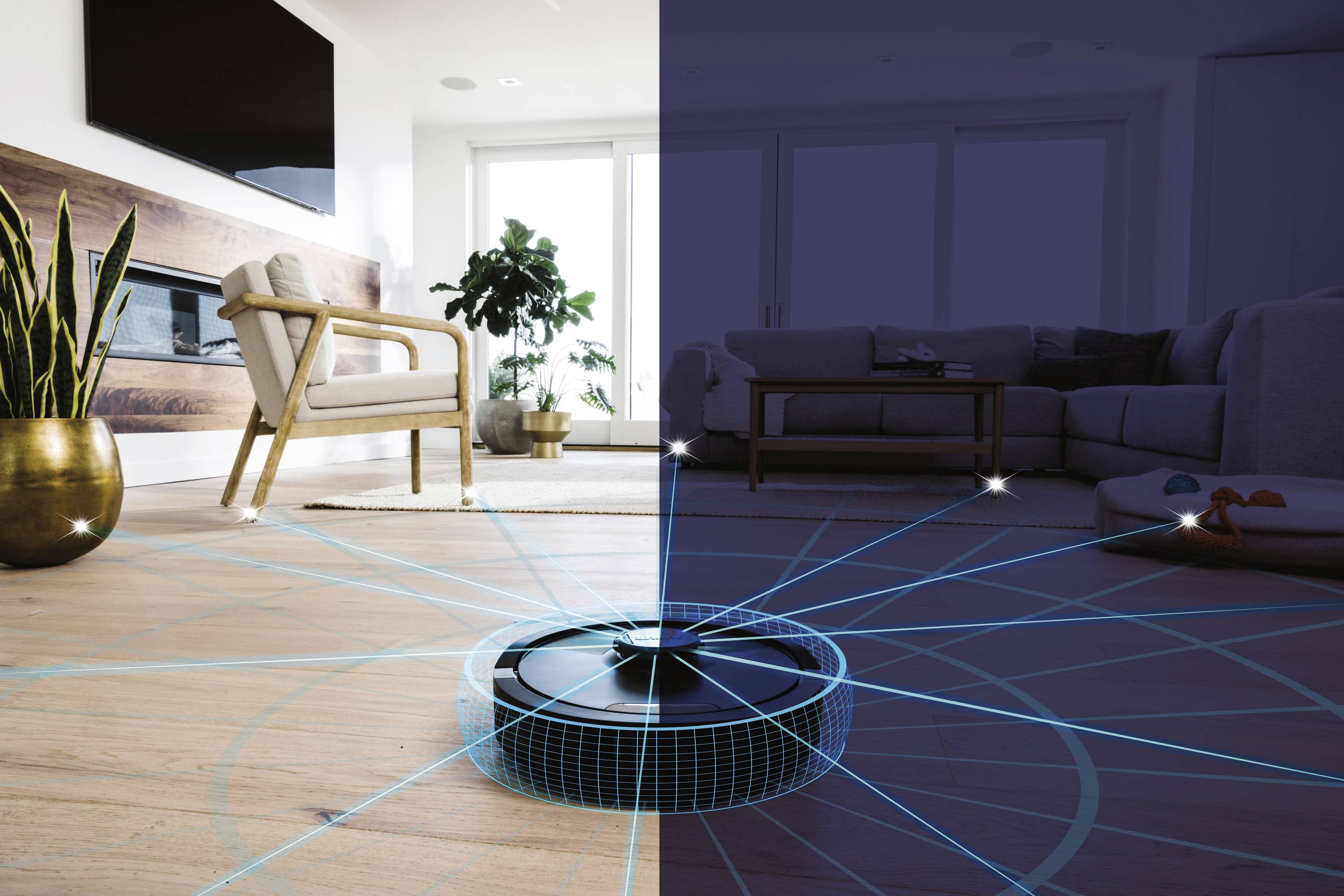 Een stofzuigerrobot navigeert zelfstandig door een woonkamer. Links is de ruimte bij daglicht, rechts met een digitaal raster in duisternis.