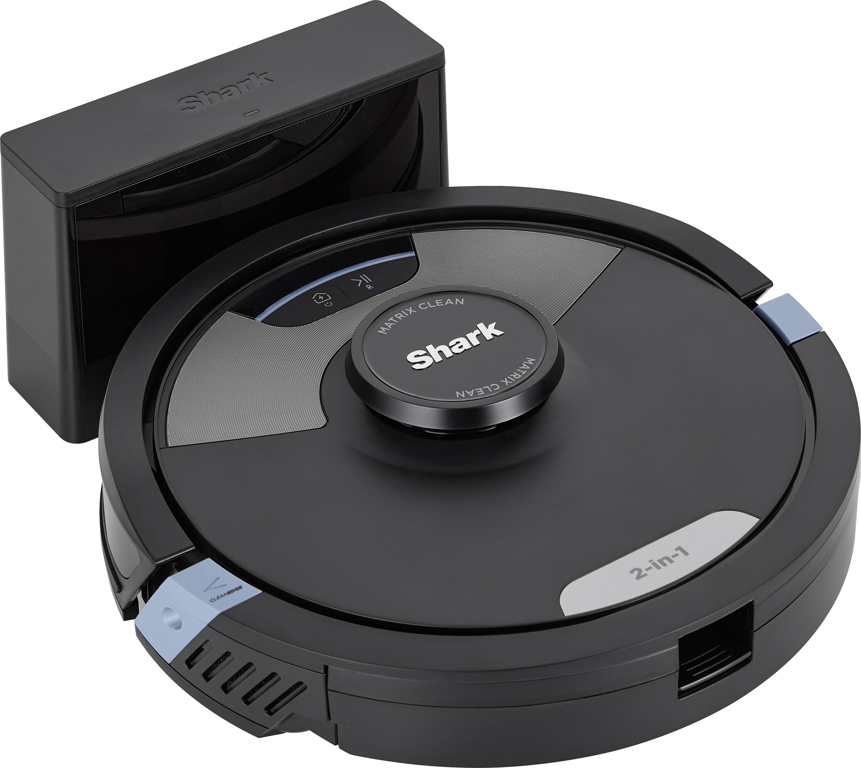 Zwarte zuig- en dweilrobot van het merk Shark, afgebeeld met laadstation.