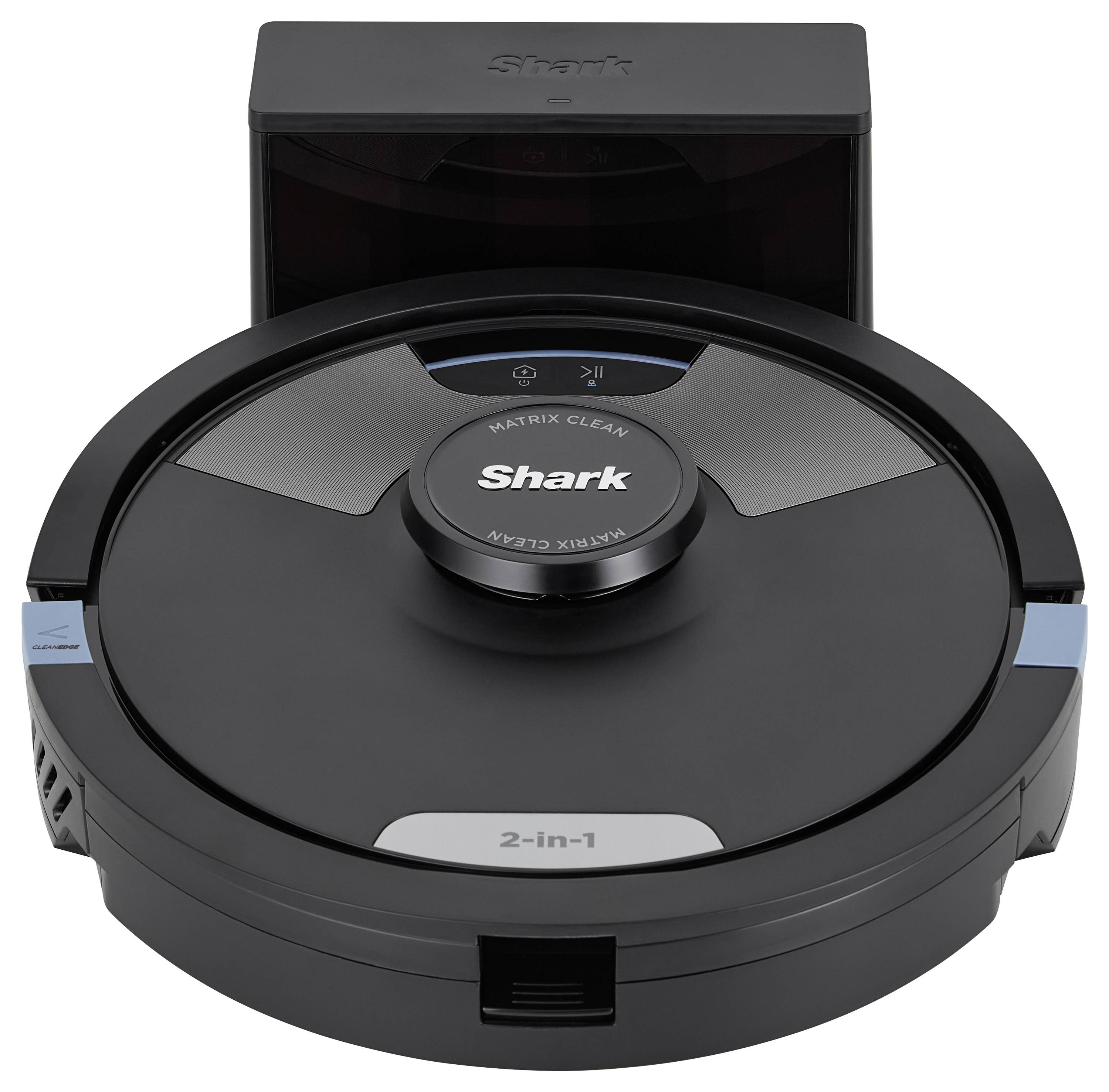 Zwarte robotstofzuiger met het opschrift 'Shark' op het laadstation; toont het 2-in-1 reinigingsontwerp van het apparaat.