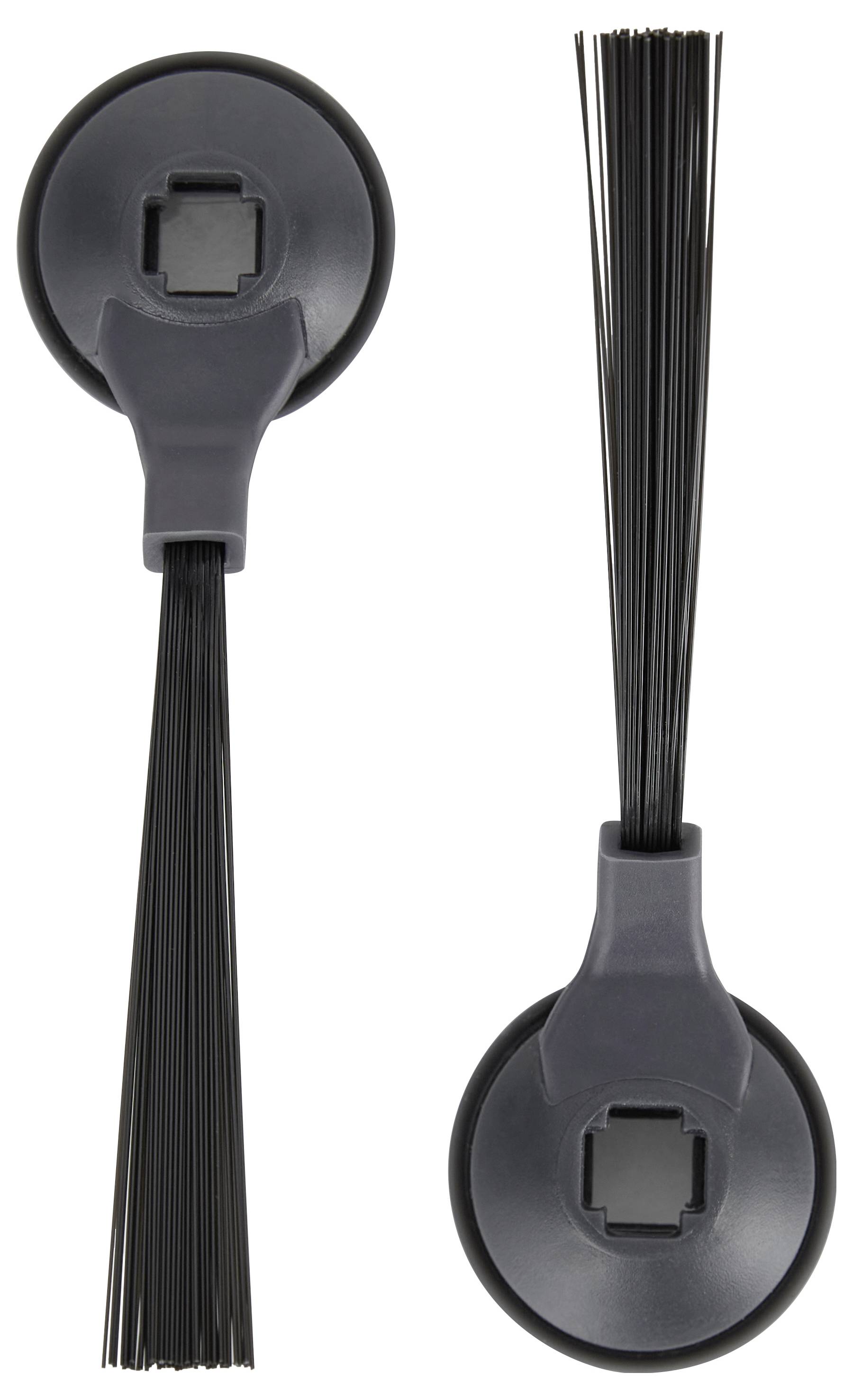 Twee zwarte borstels met ronde handvatten, één met langere haren, de andere met kortere, naast elkaar afgebeeld.