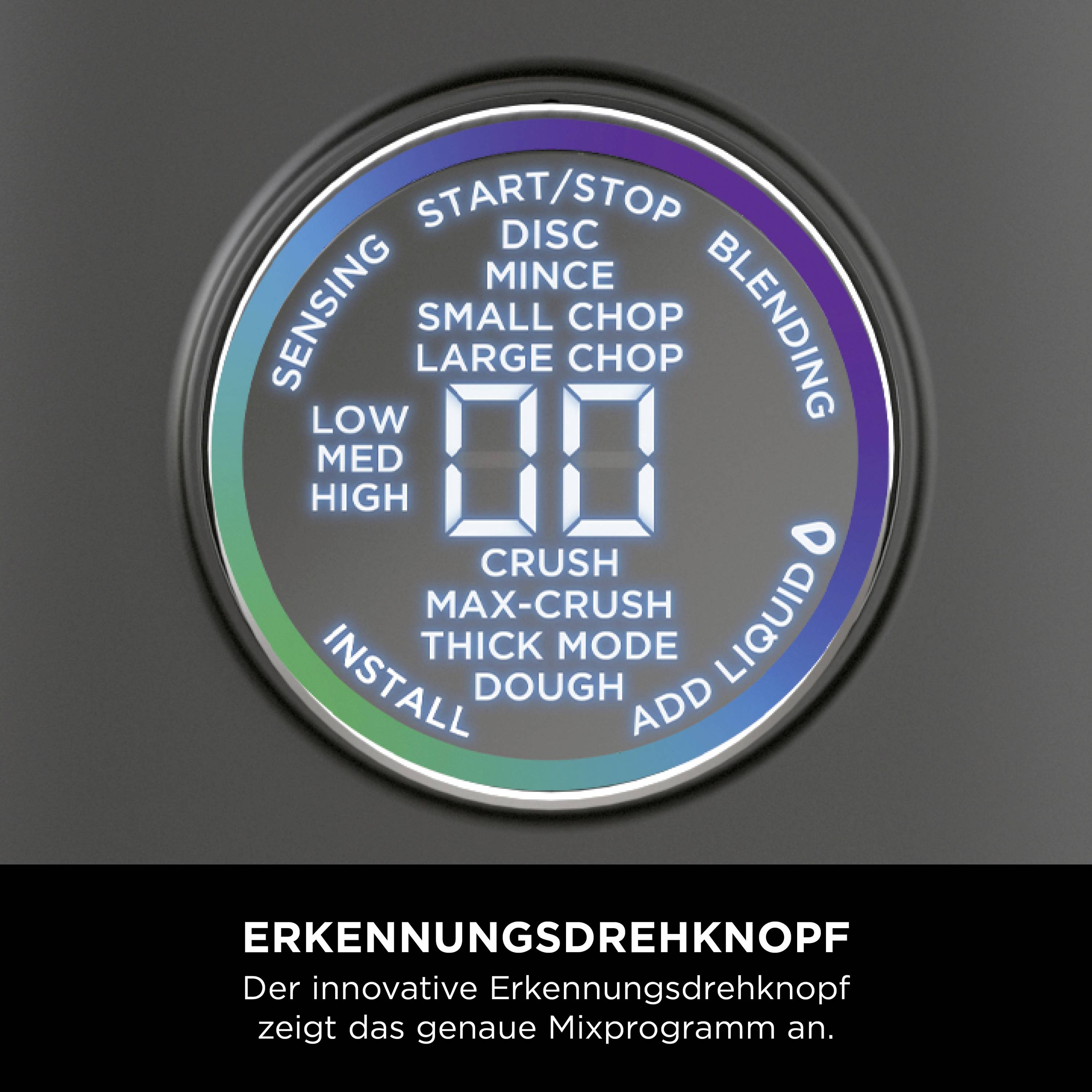 'De herkenningsknop geeft het gekozen mixprogramma weer, inclusief opties zoals hakken, mengen en kneden.'