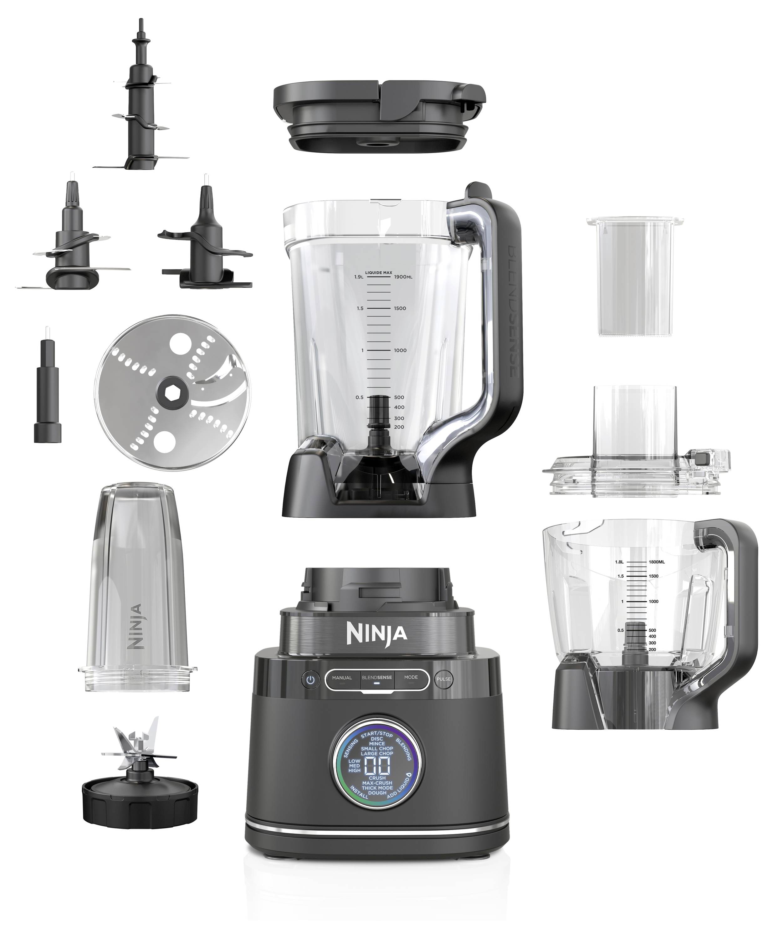 Keukenmachine met toebehoren, inclusief verschillende mengbekers en opzetstukken, ideaal voor hakken, mengen en roeren.