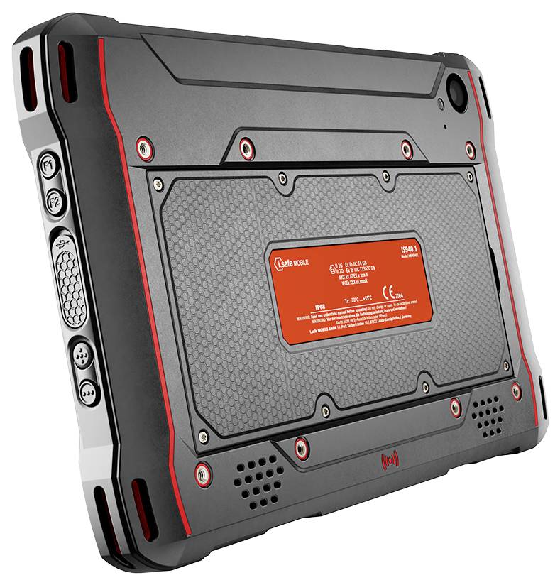 Robuuste zwarte industriële tablet met rode accenten, zij-aansluitingen en een oranje informatiebord aan de achterkant.