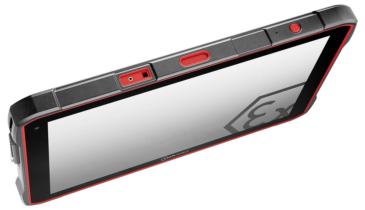 Robuuste tablet met zwarte behuizing en rode accenten. Speciaal ontworpen voor gebruik in explosiegevaarlijke omgevingen.