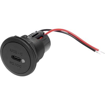 USB-C-aansluiting met rode en zwarte kabels voor stroomvoorziening. Opschrift 'USB-C' en 'PD/QC' aan de voorzijde.