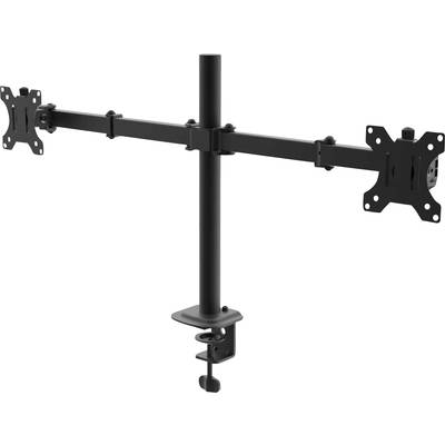 Dubbele monitorsteun met verstelbare armen en een centrale tafelklem voor ergonomische schermpositionering.