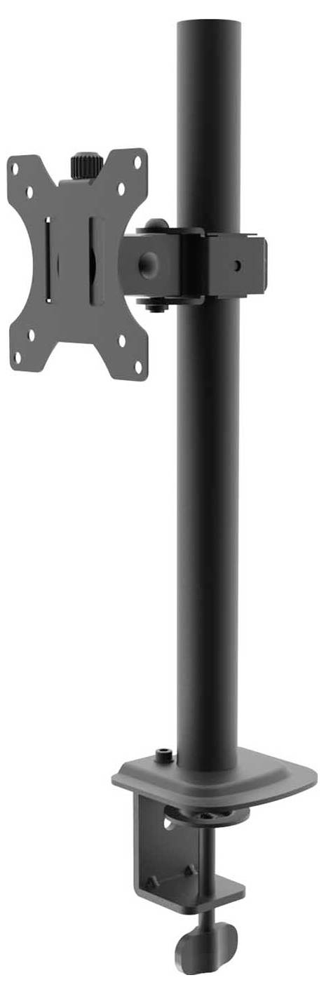 Houder voor monitorarmen, bestaande uit een verticale stang met een verstelbare VESA-houder en een tafelklem onderaan.