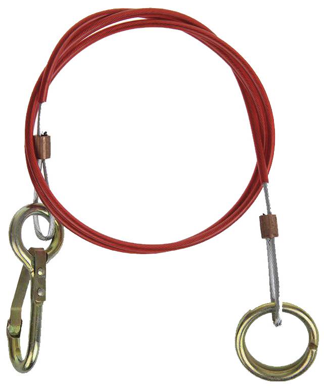 'Rood veiligheidskabel met karabijnhaak en ring, geschikt voor het beveiligen van voorwerpen of uitrusting.'
