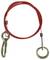 'Rood veiligheidskabel met karabijnhaak en ring, geschikt voor het beveiligen van voorwerpen of uitrusting.'