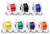 Acht doorzichtige spoelen met draden in verschillende kleuren: rood, zwart, blauw, geel, groen, paars, oranje en blauw.