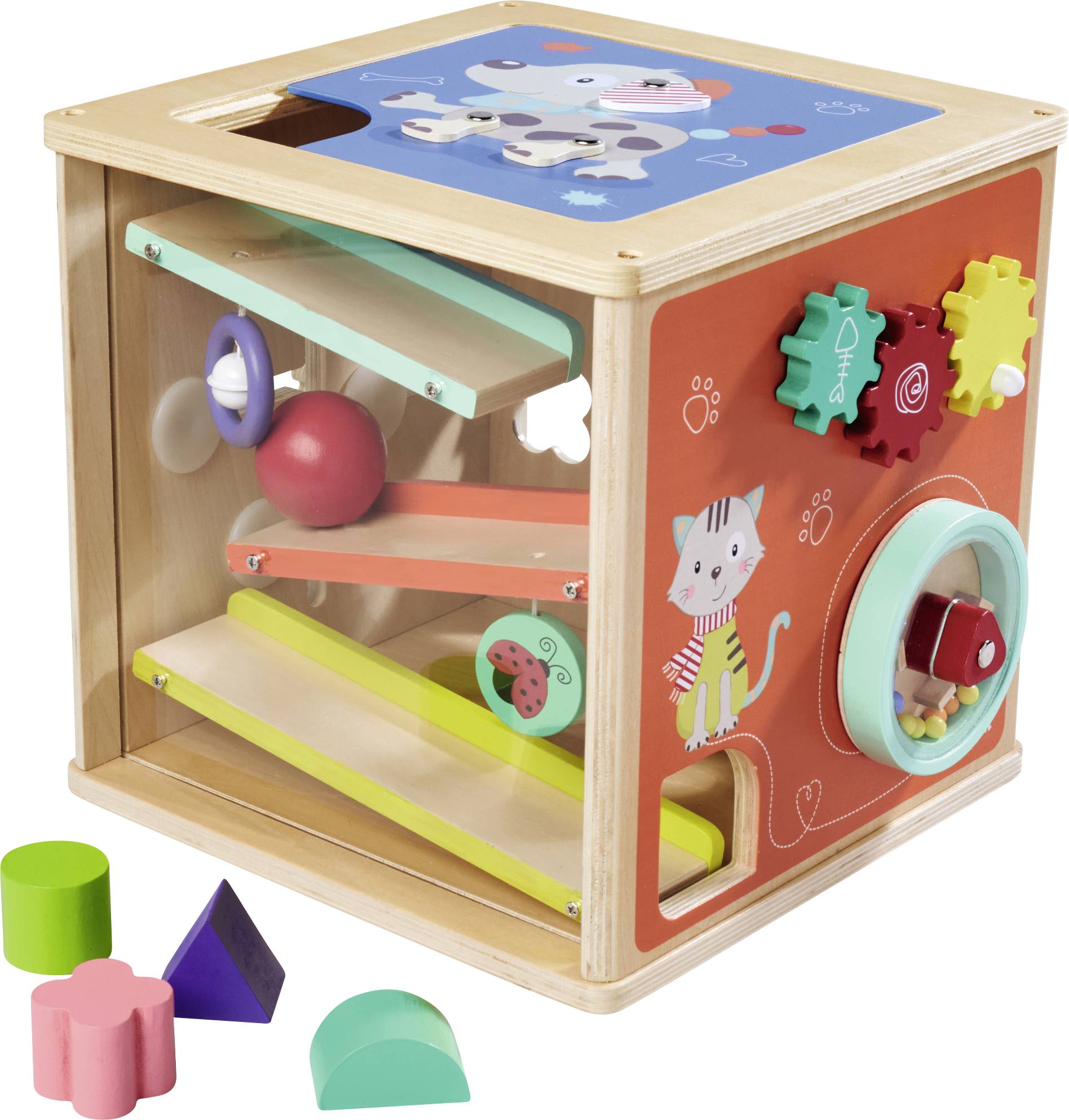 Houten speelblokken met kleurrijke vormen en tandwiel-elementen. Stimuleert motorische vaardigheden en creativiteit bij kinderen. Verpakking toont productdetails.