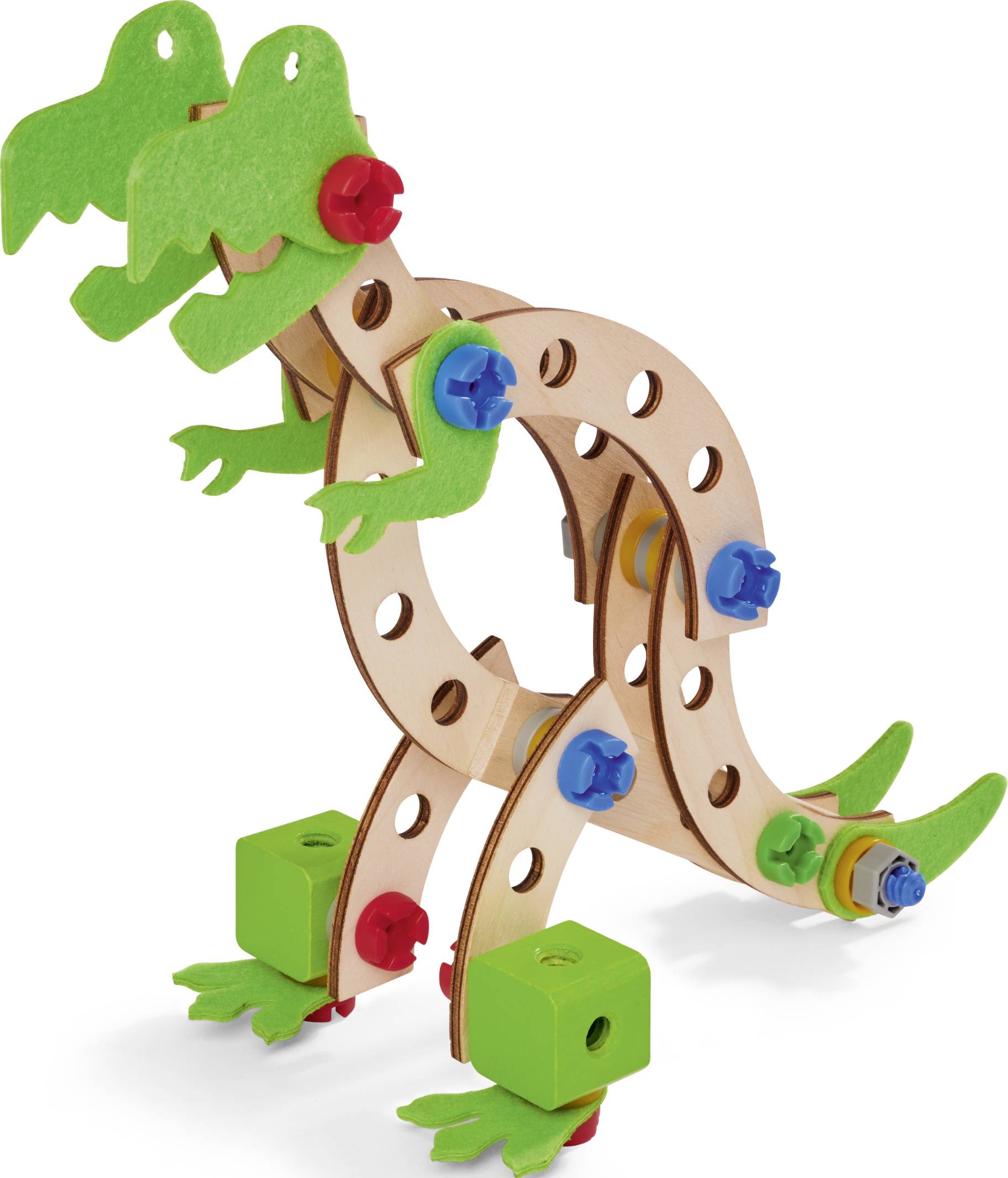 Een bouwspeelgoed in de vorm van een dinosaurus, in elkaar gezet uit houten en kunststof onderdelen in verschillende kleuren.