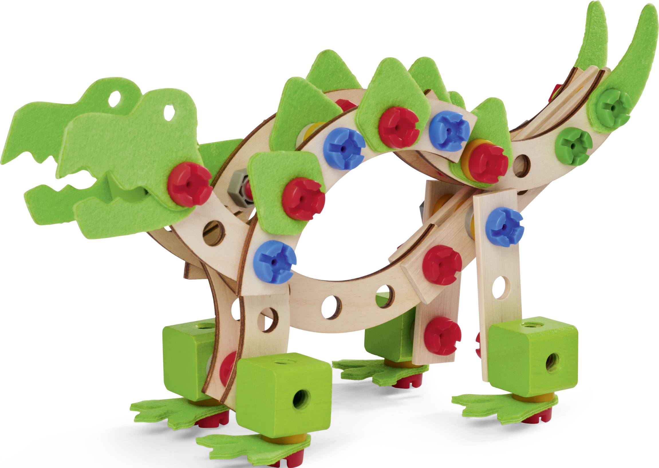 Houten speelgoed in de vorm van een groene draak met gekleurde pennen en blokken, vervaardigd uit hout en vilt.