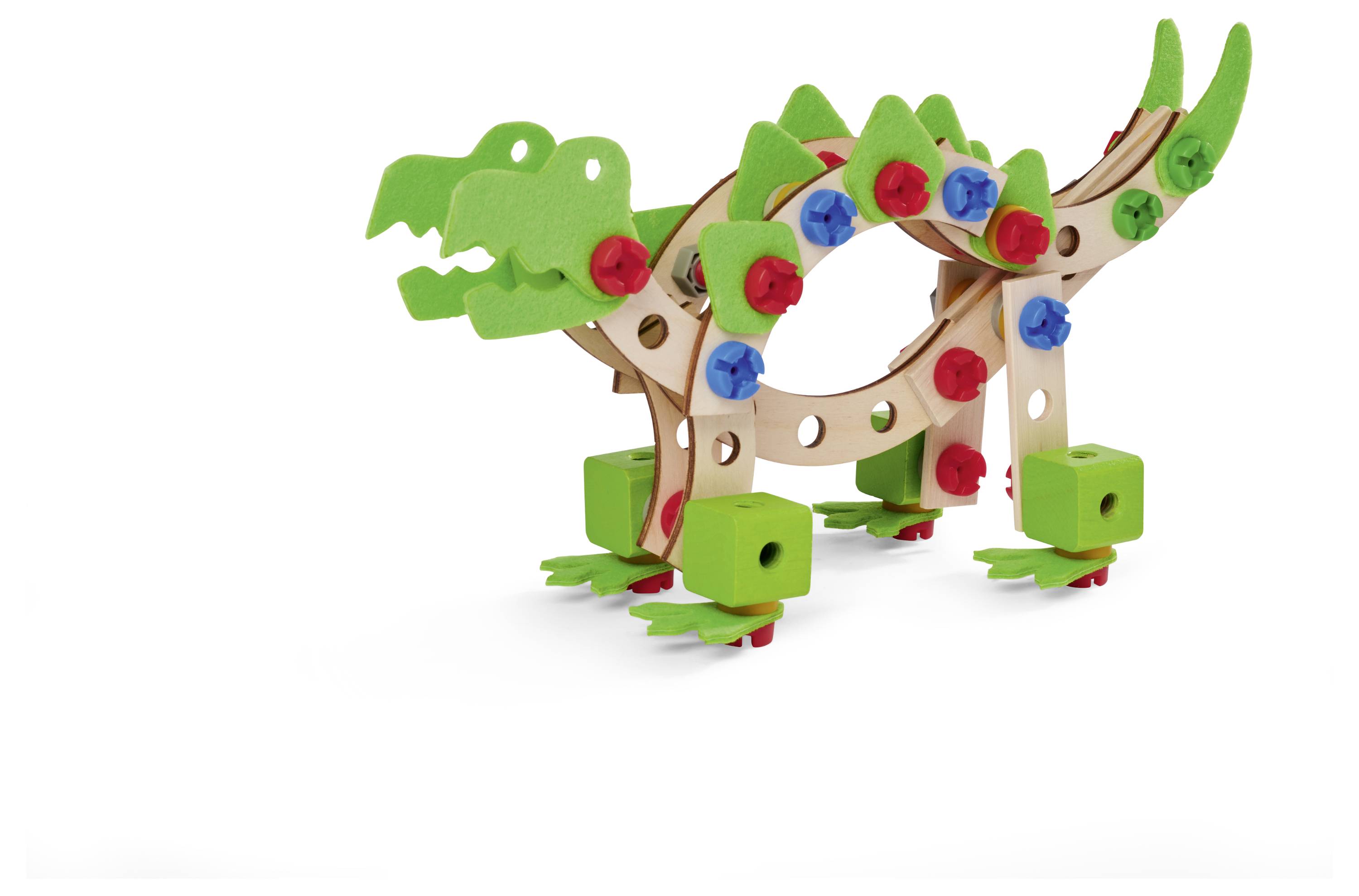 Houten speelgoed in de vorm van een dinosaurus met groene, rode en blauwe elementen, geschikt voor creatief bouwen en spelen.