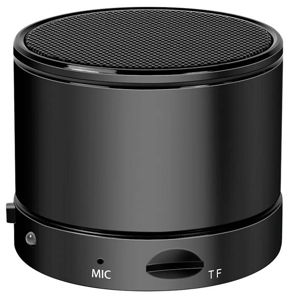 Een zwarte, cilindrische Bluetooth-speaker met volumeregelaar en microfoonaansluiting.