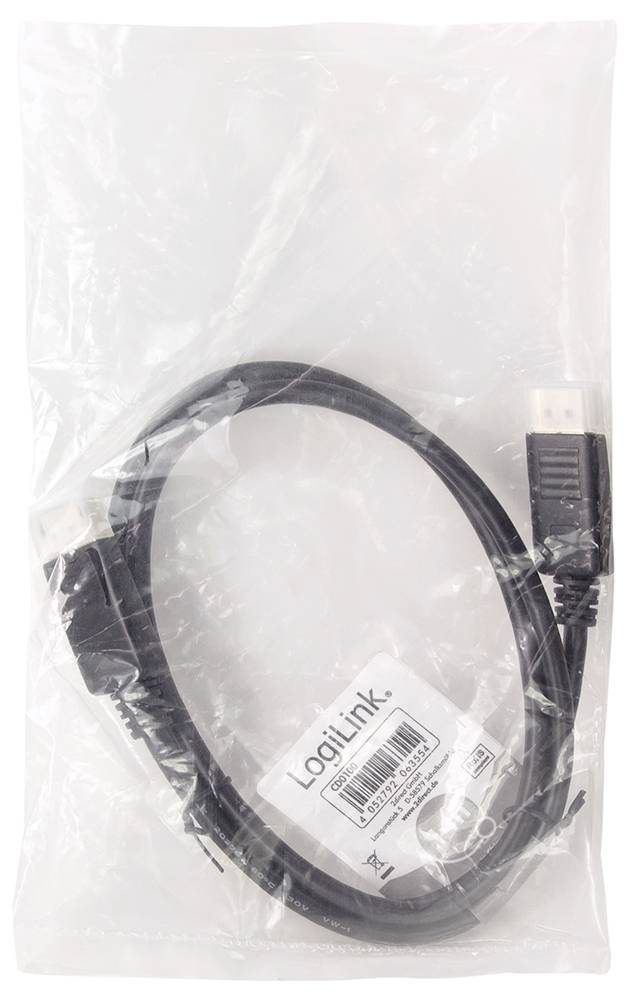 Een zwarte HDMI-kabel van LogiLink in een transparante plastic verpakking. Op het etiket staan productinformaties.