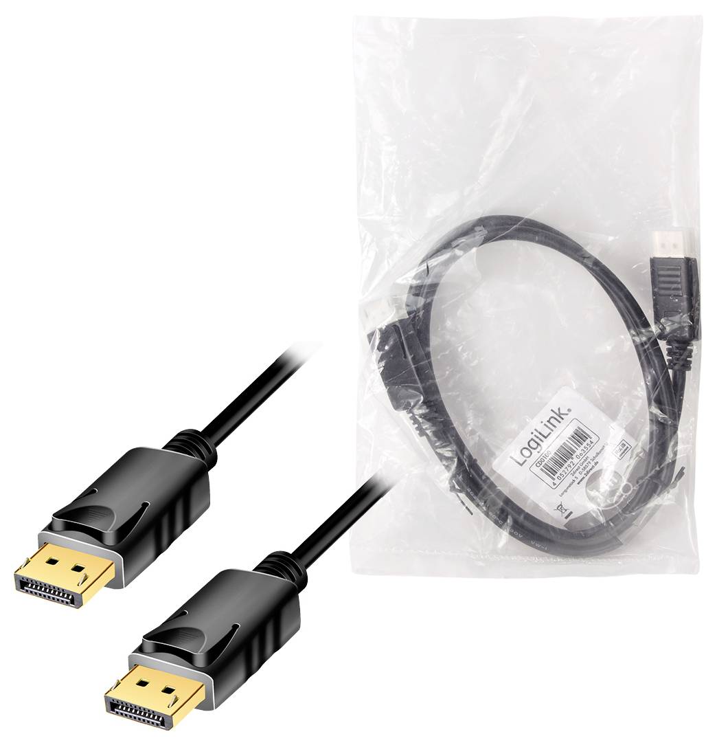 Zwart DisplayPort-kabel met gouden aansluitingen, verpakt in een transparante plastic zak met een LogiLink-etiket.