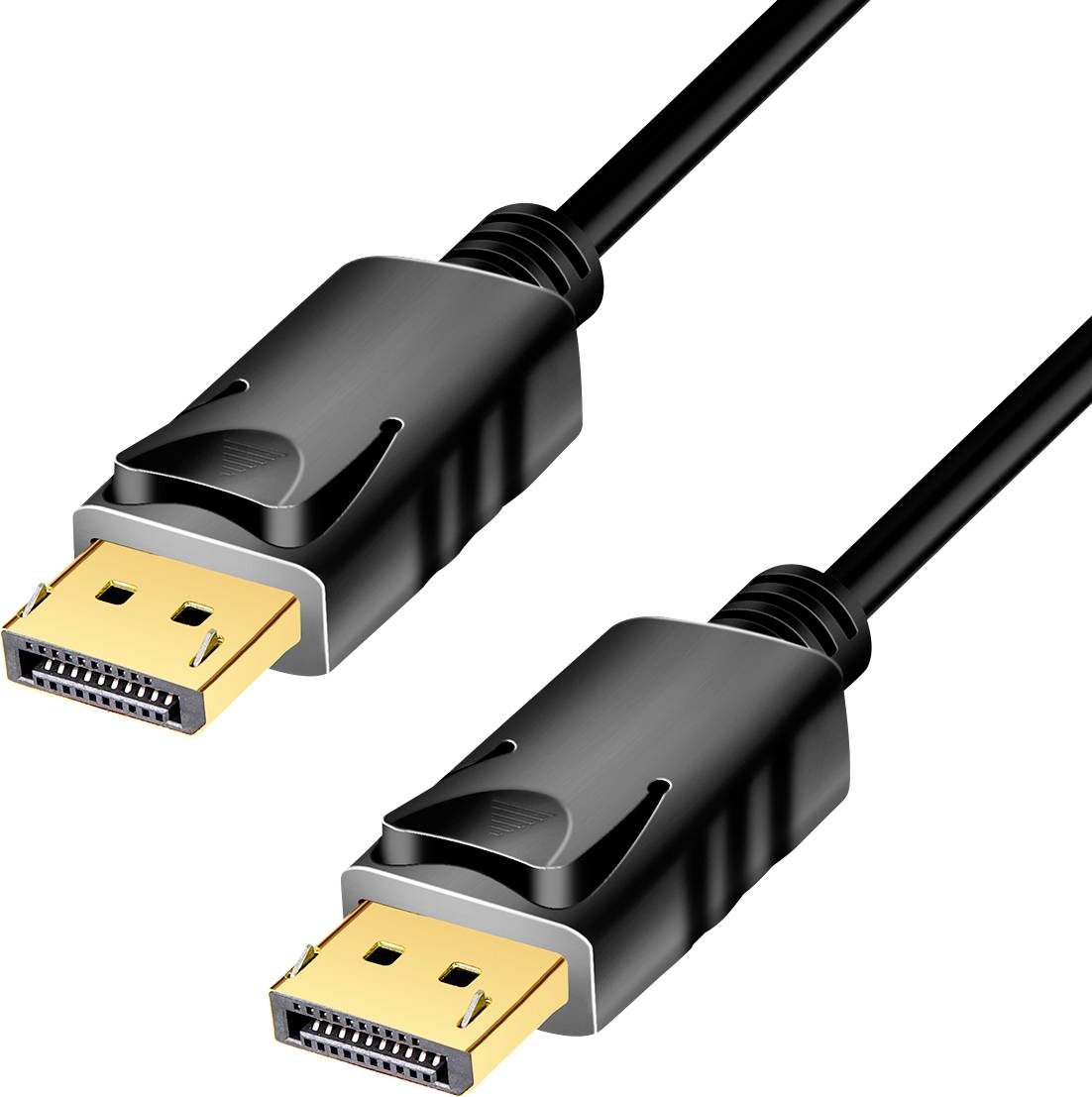 Zwart DisplayPort-kabel met twee gouden aansluitingen, geschikt voor de overdracht van audio- en videosignalen tussen apparaten.