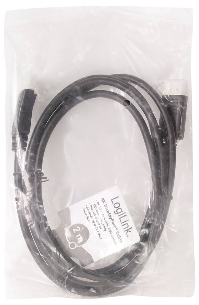 Een zwarte HDMI-kabel in een transparante verpakking. Op het etiket staat: 'LogiLink 4K DisplayPort-kabel, 2m'.