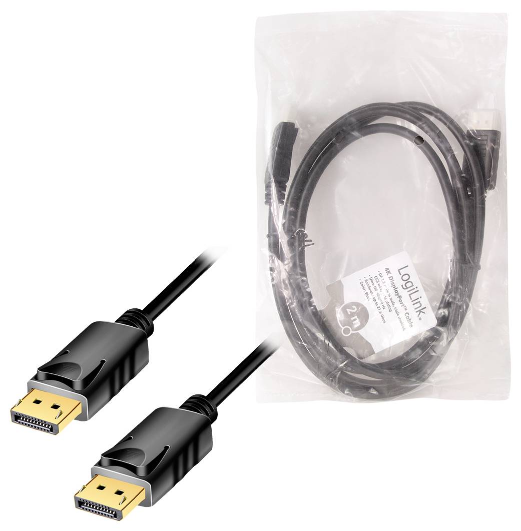 Een DisplayPort-kabel van LogiLink in een plastic verpakking met goudkleurige aansluitingen. Lengte: 2 meter. Ideaal voor videooverdracht.