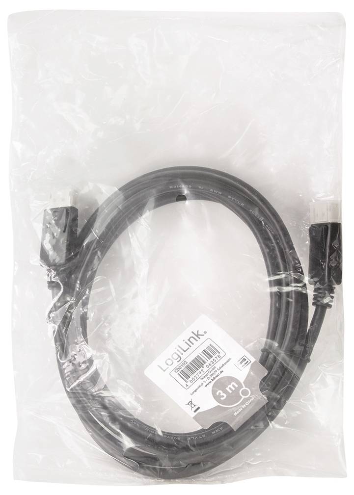 Een 3-meter kabel van LogiLink, zwart, in een transparante plastic verpakking, geschikt voor gegevensoverdracht en netwerkaansluiting.