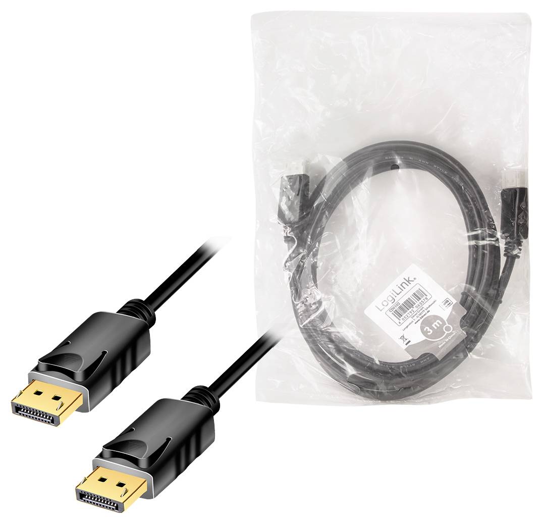 DisplayPort-kabel, 3 meter, zwart kabel met twee stekeruiteinden, verpakt in een transparante plastic zak.