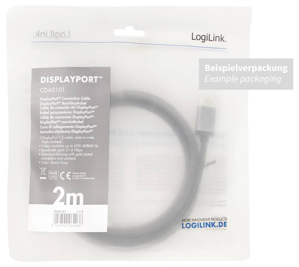 Een grijs DisplayPort-kabel, 2m, in een transparante verpakking met merklogo en productdetails op het etiket.