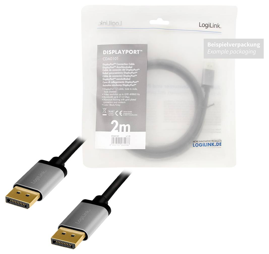 DisplayPort-kabel van LogiLink, 2 meter, voorbeeldverpakking. Gouden aansluitingen, zwart omhuld. Geschikt voor audio/video-verbinding.
