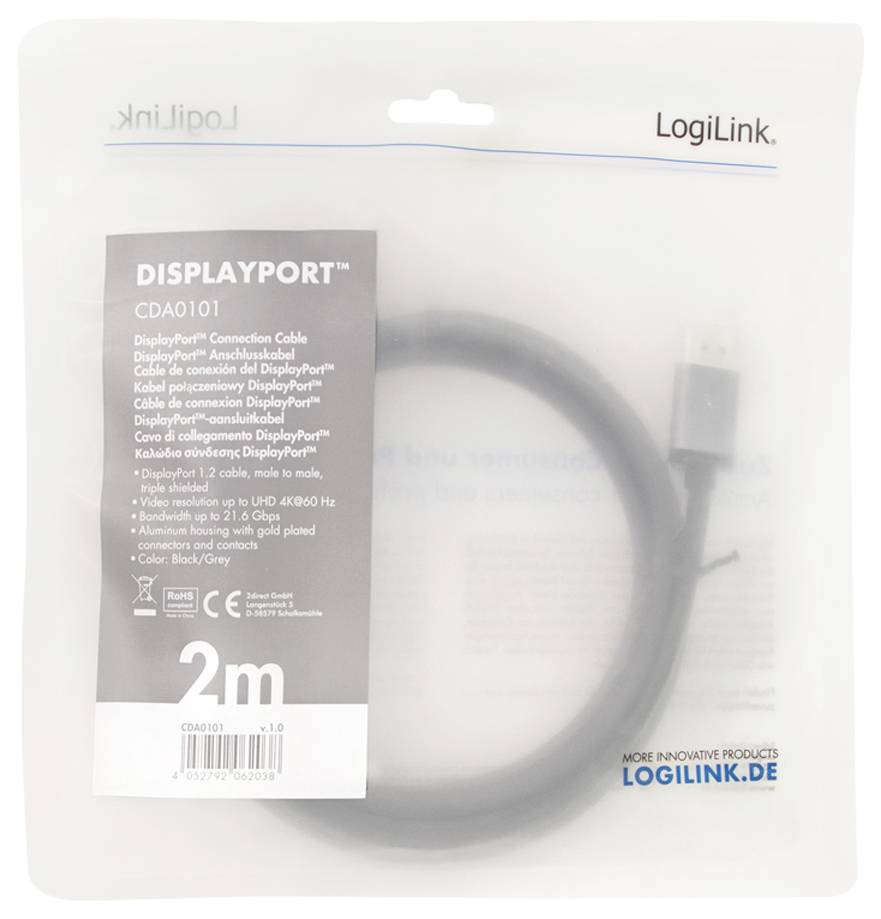 'LogiLink DisplayPort-kabel, model CDA0101, lengte 2m. Verbindingskabel voor DisplayPort, geschikt voor UHD 4K@60 Hz.'
