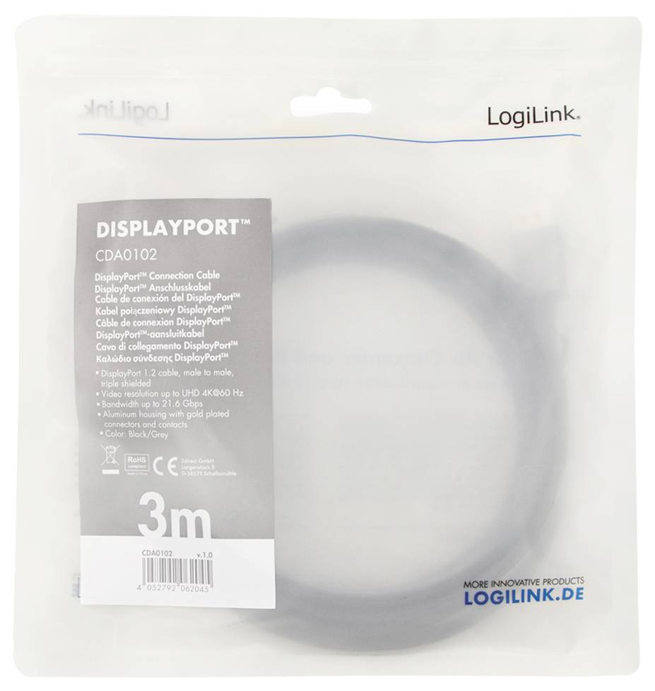 DisplayPort-kabel, 3 meter lang, in transparante verpakking. Merk: LogiLink. Tekst op verpakking: Details en specificaties van de kabel.