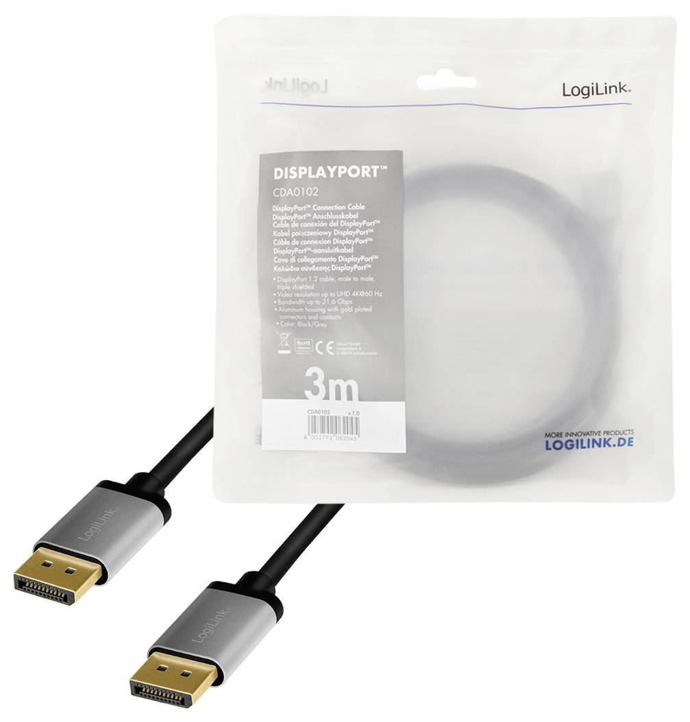 DisplayPort-kabel, 3 m, LogiLink in originele verpakking met twee aansluitingen, geschikt voor audio- en videooverdracht.