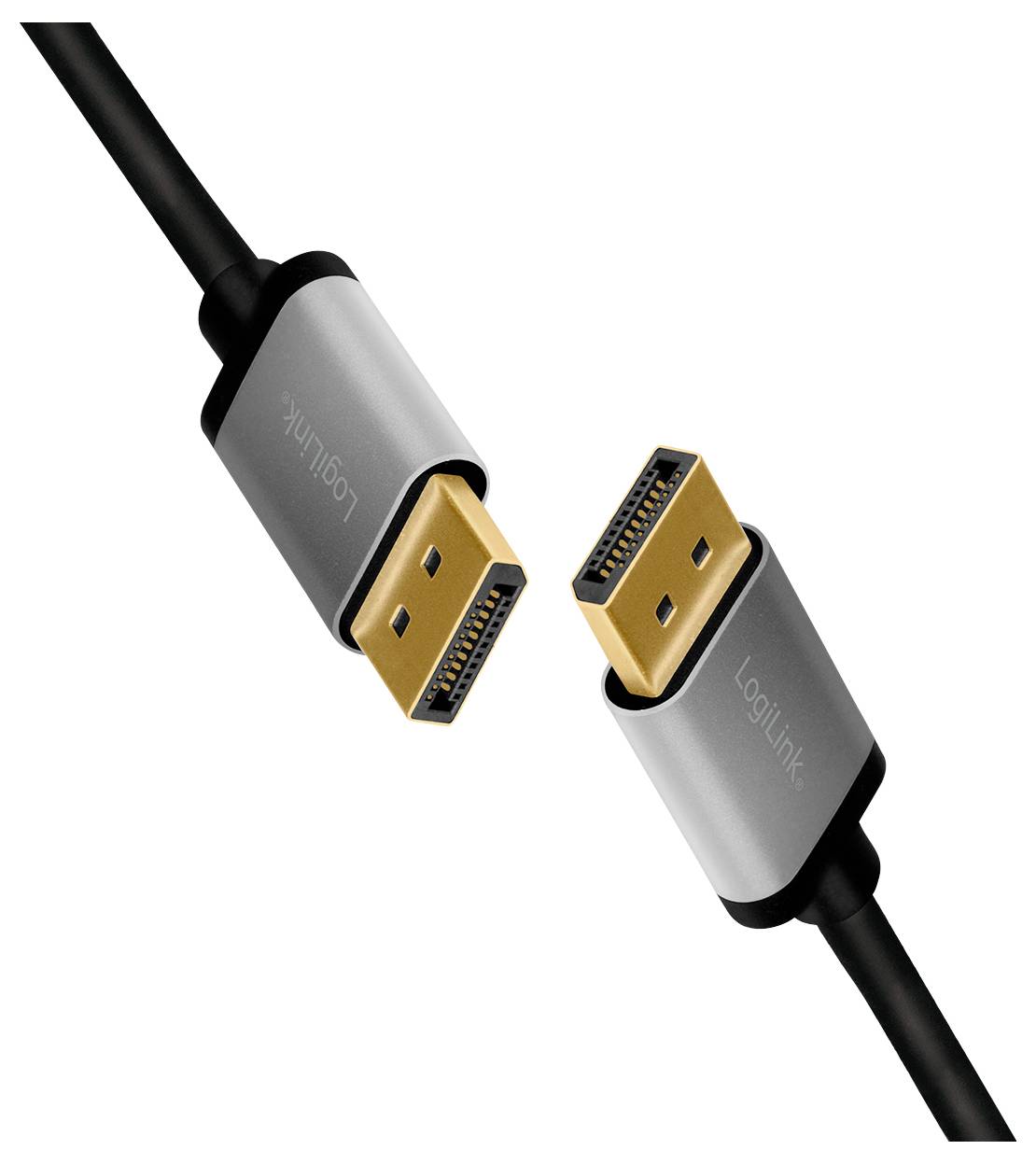 Twee DisplayPort-kabels met gouden aansluitingen en zwarte isolatie, schuin ten opzichte van elkaar gepositioneerd.