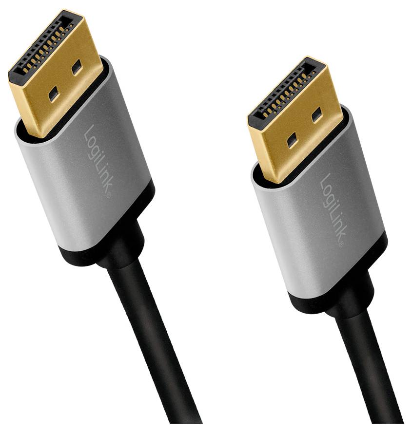 Twee DisplayPort-stekkers met metalen behuizing en verguld contactpunt voor een stabiele signaaloverdracht, vervaardigd door LogiLink.