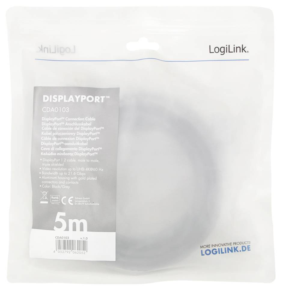 'LogiLink DisplayPort-kabel, 5m, CDA0103, HD en 3D, zwart, geschikt voor resoluties tot 4K bij 60Hz, Plug & Play.'