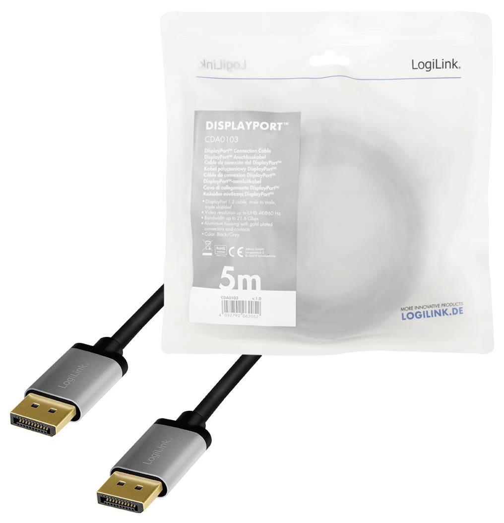 DisplayPort-kabel in zwarte kleur, 5 meter lang, in een transparante verpakking met LogiLink-logo en productinformatie.