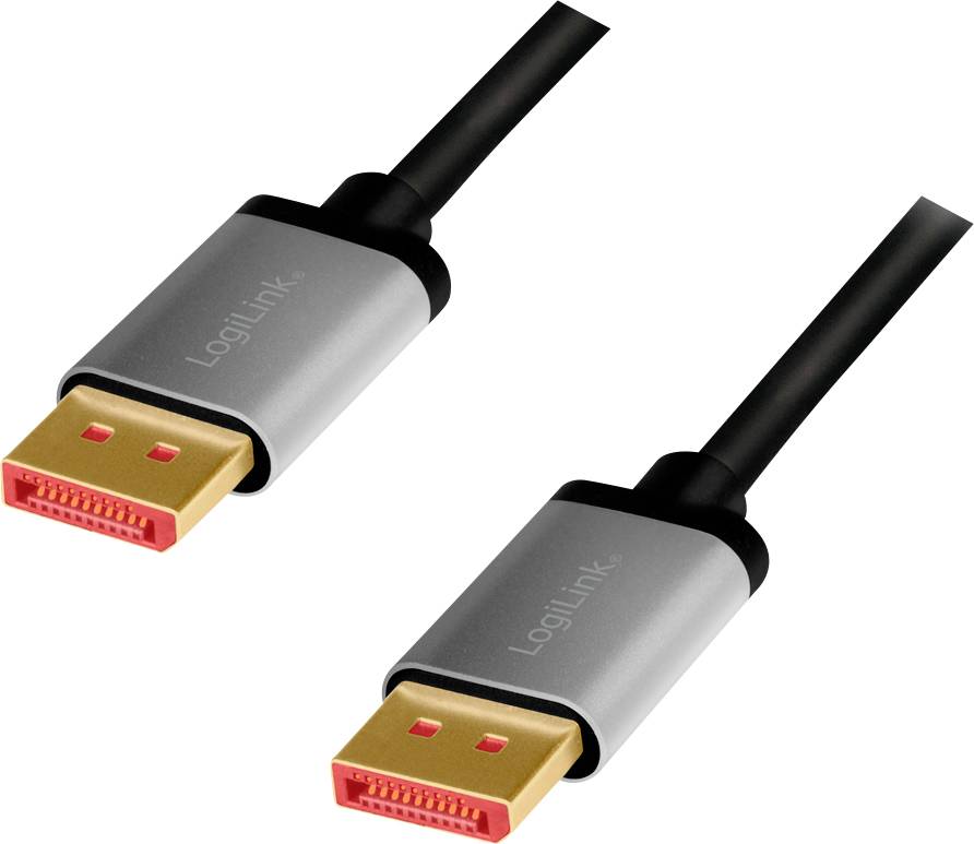 Twee DisplayPort-kabels met zwarte kabels en grijze connectoren met oranje aansluitingen, die worden gebruikt voor gegevensoverdracht.