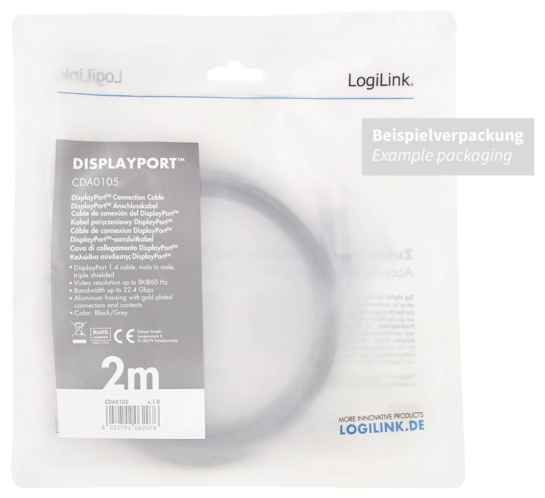 DisplayPort-kabel van LogiLink, CDA0105, 2 meter lang. Transparante verpakking met voorbeeld van verpakkingstekst.