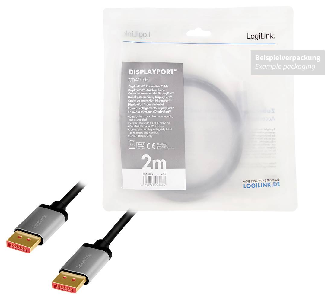 'DisplayPort kabel, 2m, LogiLink, verpakking en kabel afgebeeld. Voorbeeld van verpakking met productinformatie en LogiLink-website.'